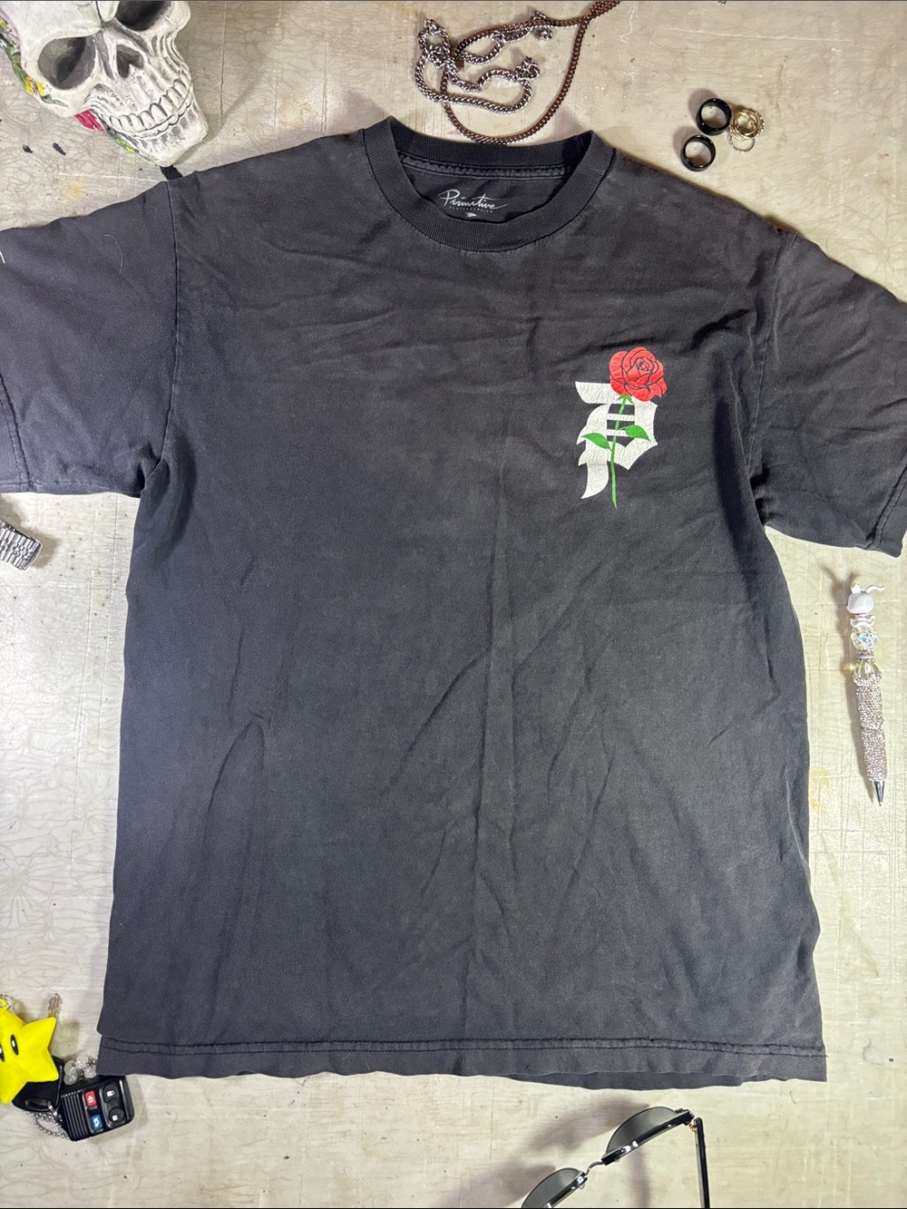 Primitive Black Tee with Red Rose Chest Graphic